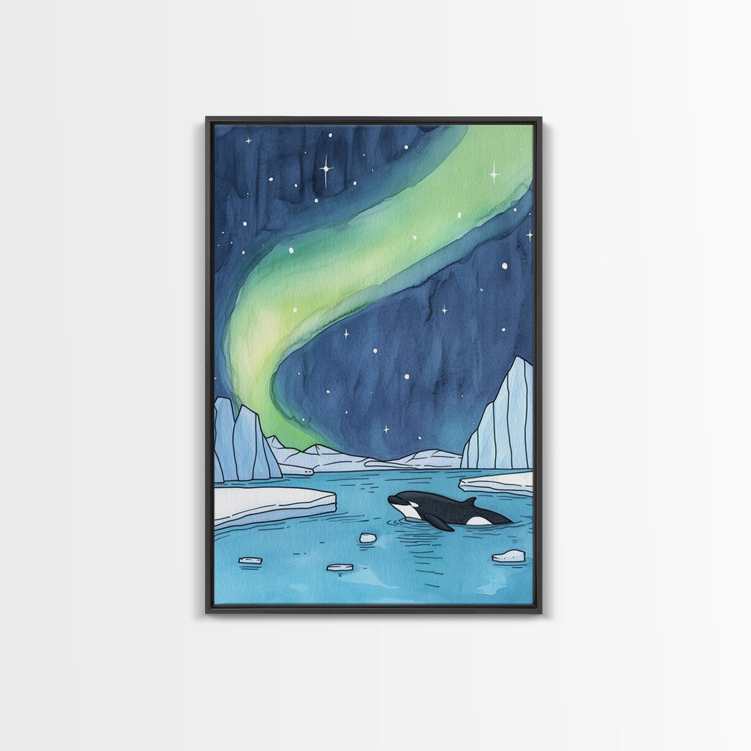 Northern Lights Orca Wall Art, Arctic Ocean Canvas Print, Celestial Coastal Decor, Whale Wildlife Art For Nursery Room Decor