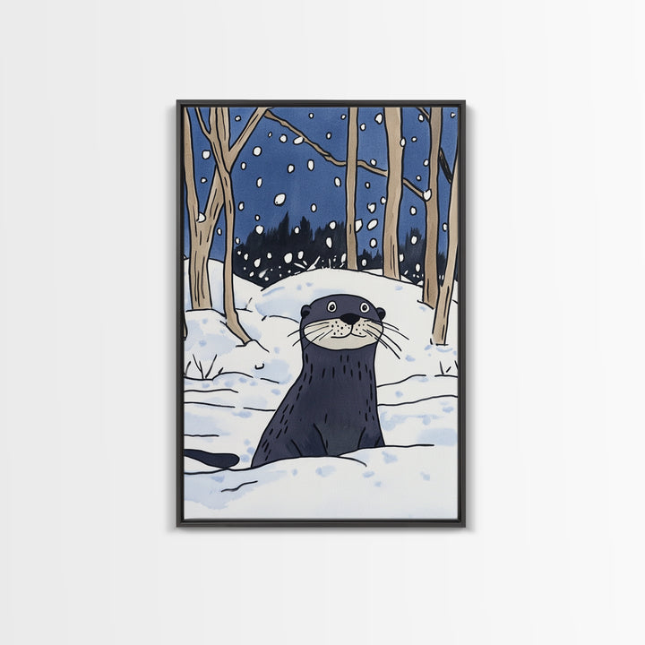Snowy Forest Otter Wall Art, Winter Animal Print, Whimsical Wildlife Decor, Woodland Nursery Art And Cozy Cabin Decor Gift