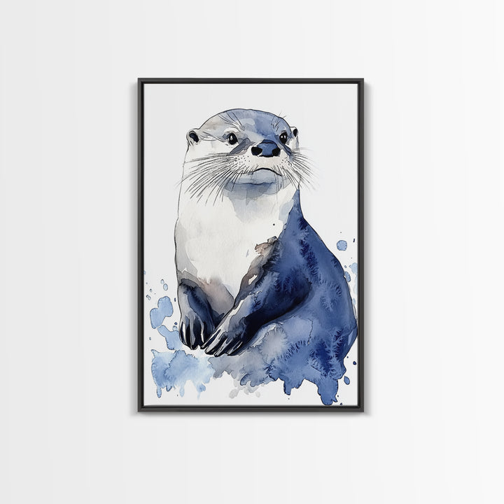 Blue Watercolor Otter Canvas Print, Coastal Animal Art, Wildlife Wall Decor, Nautical Nursery Print And Ocean Lover Gift