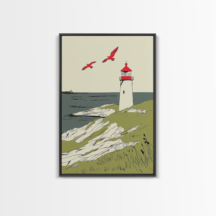 Coastal Lighthouse With Red Birds Wall Art, Nautical Print, Beach House Decor, Seaside Landscape Art And Ocean Wall Decor