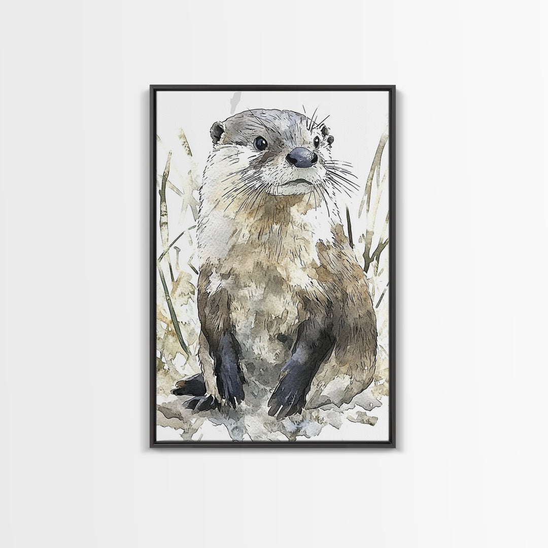 Neutral Watercolor Otter Framed Canvas Print, Wildlife Wall Art, Woodland Animal Decor, Nature Art Print And Housewarming Gift