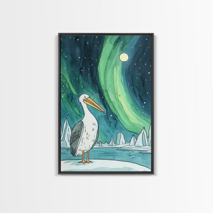 Pelican Under Green Aurora Canvas Print, Northern Lights Wall Art, Arctic Coastal Decor, Bird Lover Gift And Nursery Art