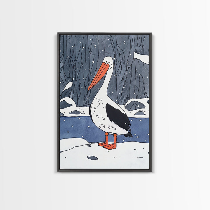 Snowy Pelican In Winter Woods Wall Art, Whimsical Bird Print, Wildlife Decor, Kids Room Art And Cozy Cabin Wall Decor Gift