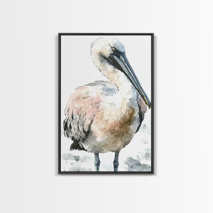 Soft Watercolor Pelican Framed Canvas Print, Coastal Bird Wall Art, Nautical Decor, Ocean Animal Print And Beach House Gift