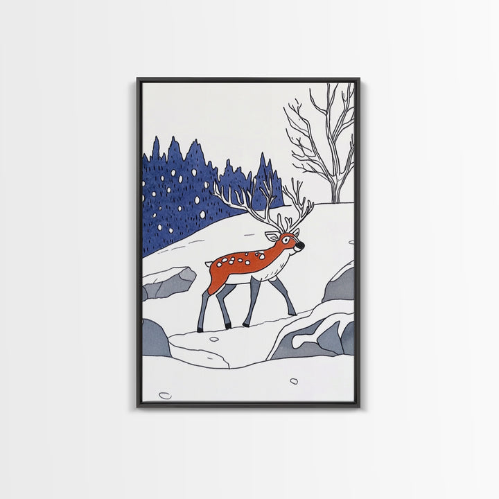 Red Reindeer In Snowy Forest Wall Art, Whimsical Winter Nursery Print, Woodland Animal Decor, Christmas Gift For Kids Room Decor