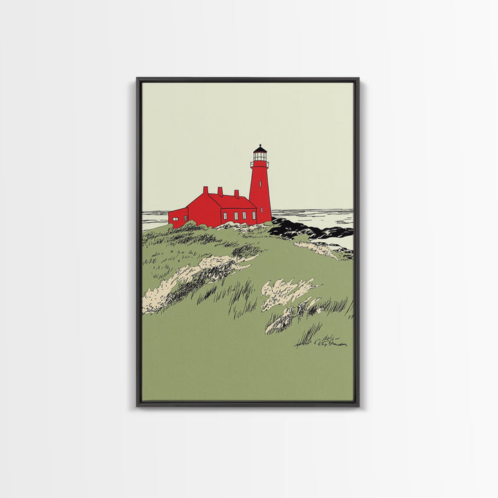 Red Coastal Lighthouse Canvas Print, Nautical Beach House Wall Art, Seascape Landscape Poster, Ocean Home Decor Gift For Her