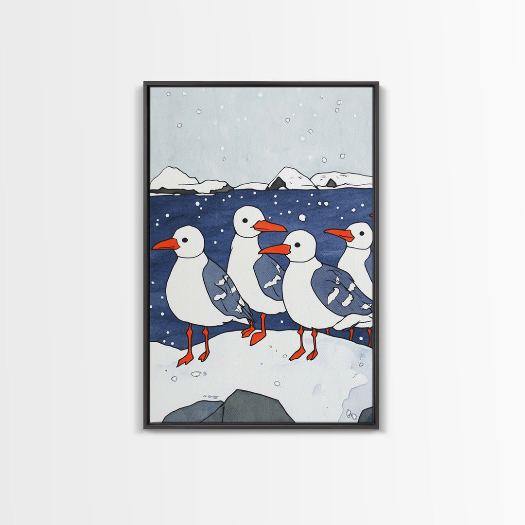 Arctic Seabirds On Snowy Shore Wall Art, Coastal Bird Print, Ocean Nursery Decor, Winter Wildlife Canvas Print Gift For Kids Room
