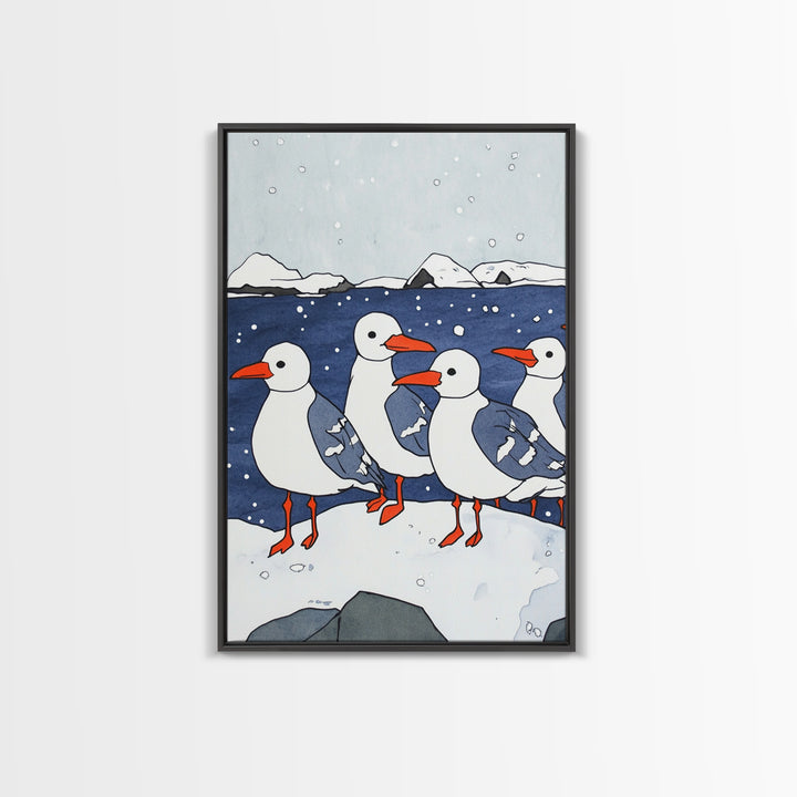 Arctic Seabirds On Snowy Shore Wall Art, Coastal Bird Print, Ocean Nursery Decor, Winter Wildlife Canvas Print Gift For Kids Room