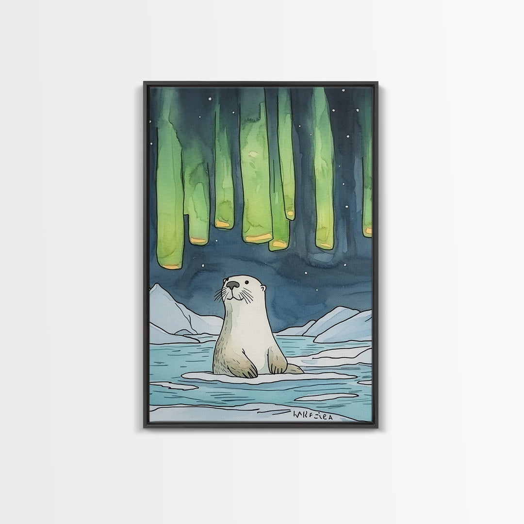 Whimsical Otter Under Northern Lights Wall Art, Arctic Animal Print, Kids Room Decor, Nursery Art, Coastal Nature Decor Gift