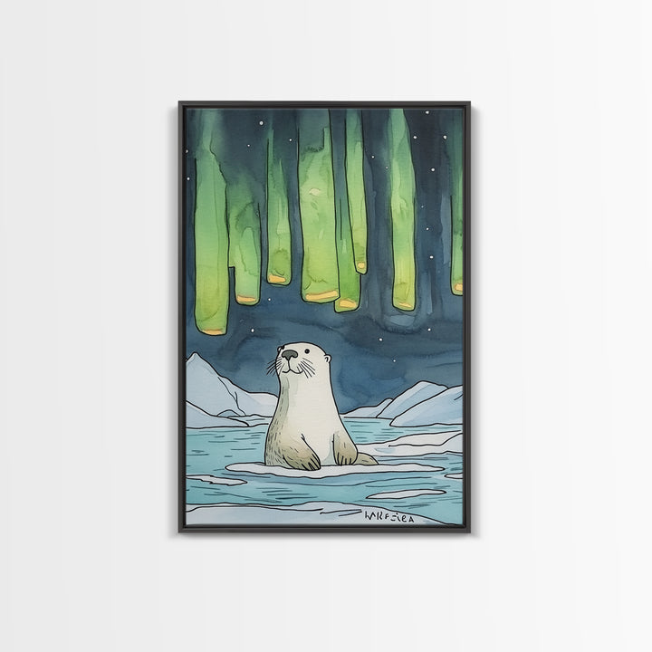 Whimsical Otter Under Northern Lights Wall Art, Arctic Animal Print, Kids Room Decor, Nursery Art, Coastal Nature Decor Gift