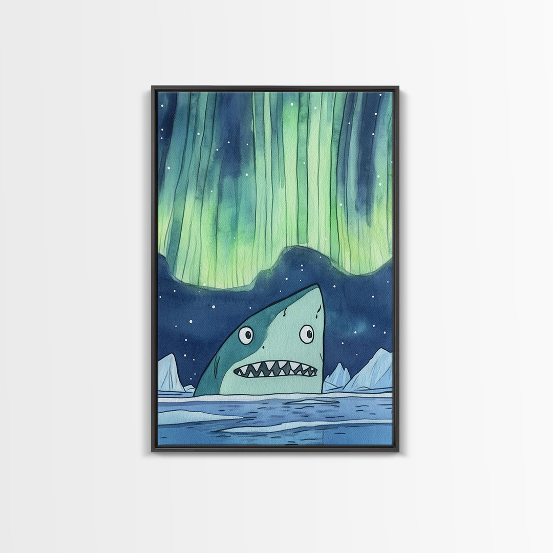 Whimsical Shark Under Northern Lights Wall Art, Arctic Ocean Print, Kids Room Decor, Nautical Nursery Art, Fun Coastal Decor