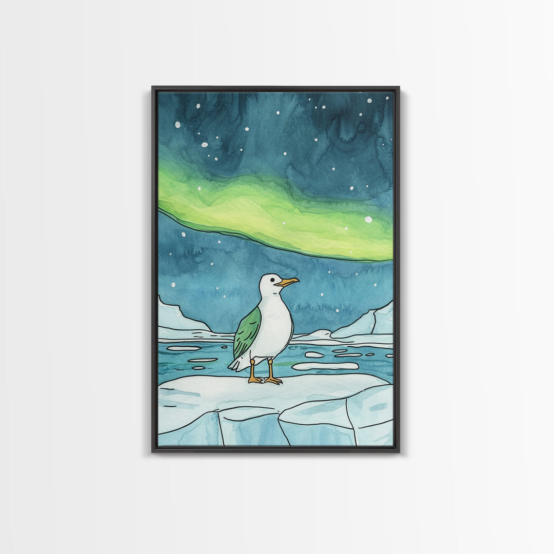 Seagull On Ice Under Aurora Wall Art, Arctic Coastal Bird Print, Ocean Nursery Decor, Nautical Bathroom Art, Beach House Decor