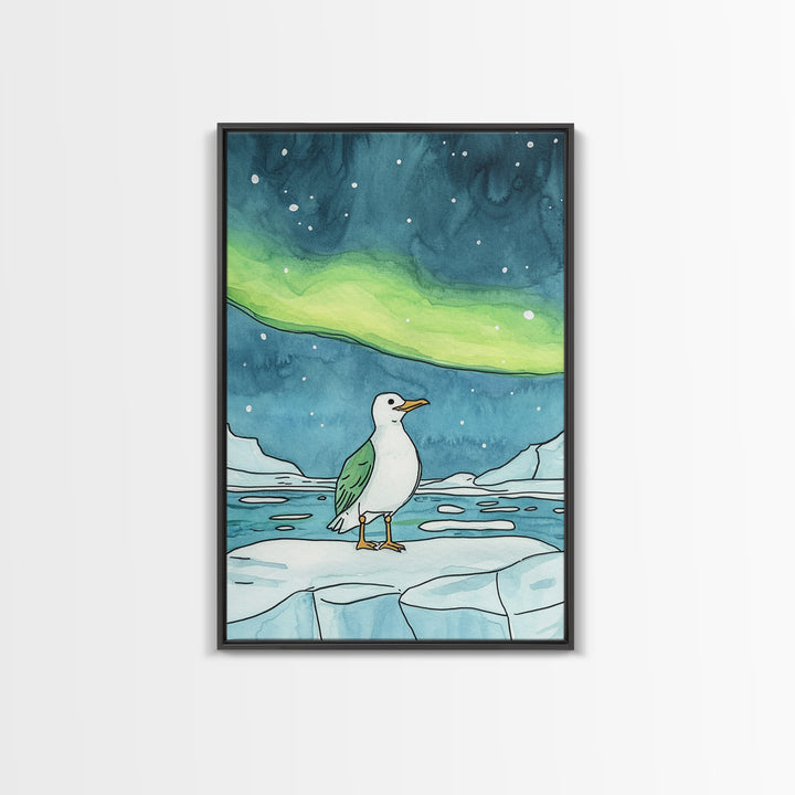 Seagull On Ice Under Aurora Wall Art, Arctic Coastal Bird Print, Ocean Nursery Decor, Nautical Bathroom Art, Beach House Decor