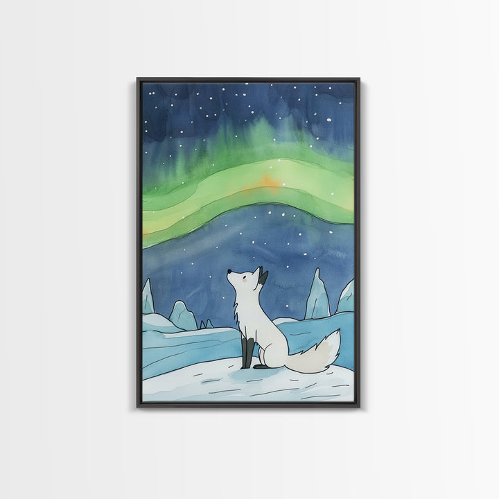 White Arctic Fox Under Aurora Wall Art, Celestial Night Sky Print, Winter Nursery Decor, Whimsical Wildlife Wall Decor, Gift For Her