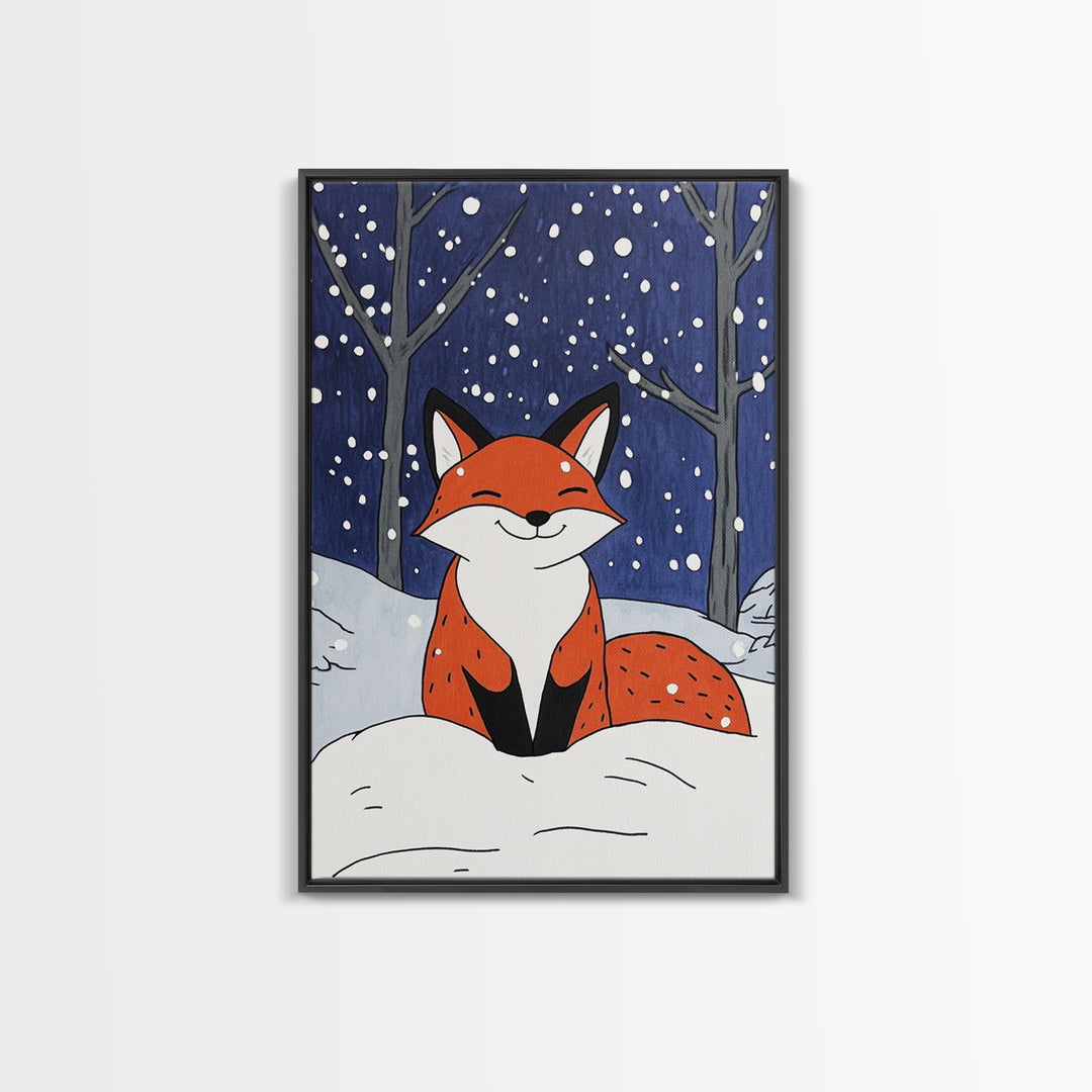 Smiling Red Fox In Falling Snow Wall Art, Cute Woodland Animal Art Print, Winter Nursery Decor, Whimsical Kids Room Decor