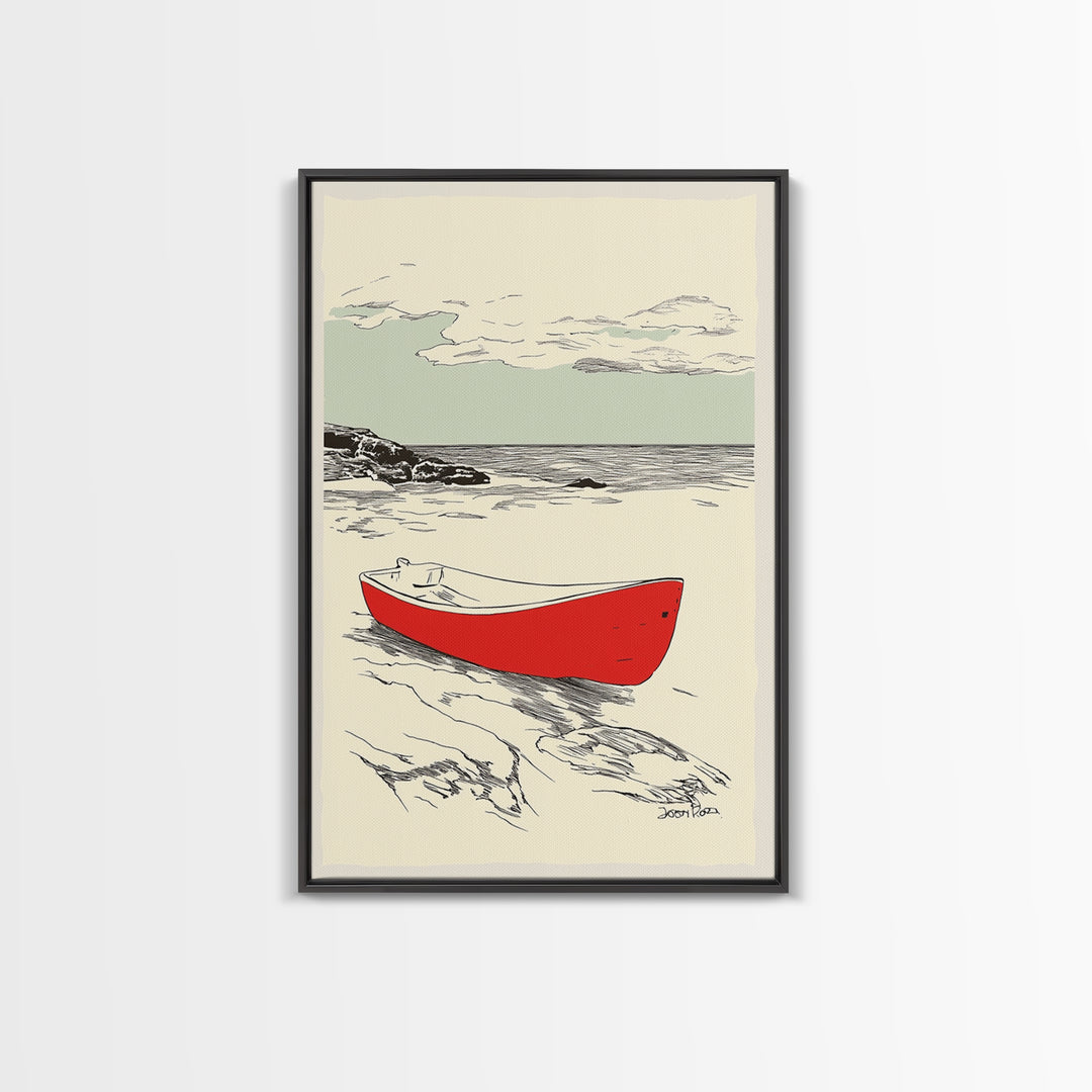 Red Rowboat On Rocky Shore Wall Art, Nautical Coastal Print, Beach House Decor, Seascape Wall Art, Lake House Gift For Him