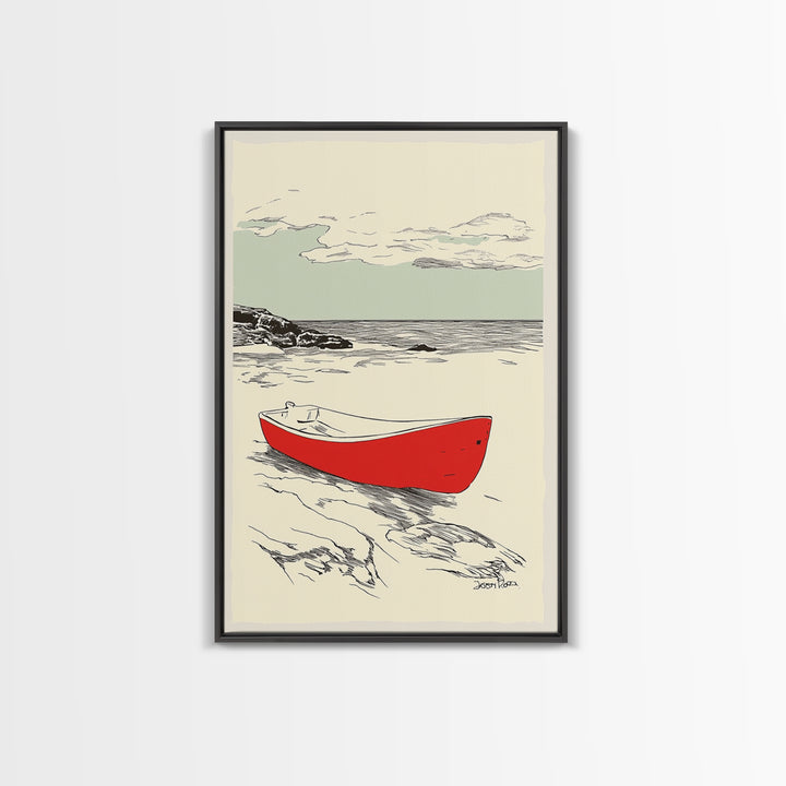 Red Rowboat On Rocky Shore Wall Art, Nautical Coastal Print, Beach House Decor, Seascape Wall Art, Lake House Gift For Him