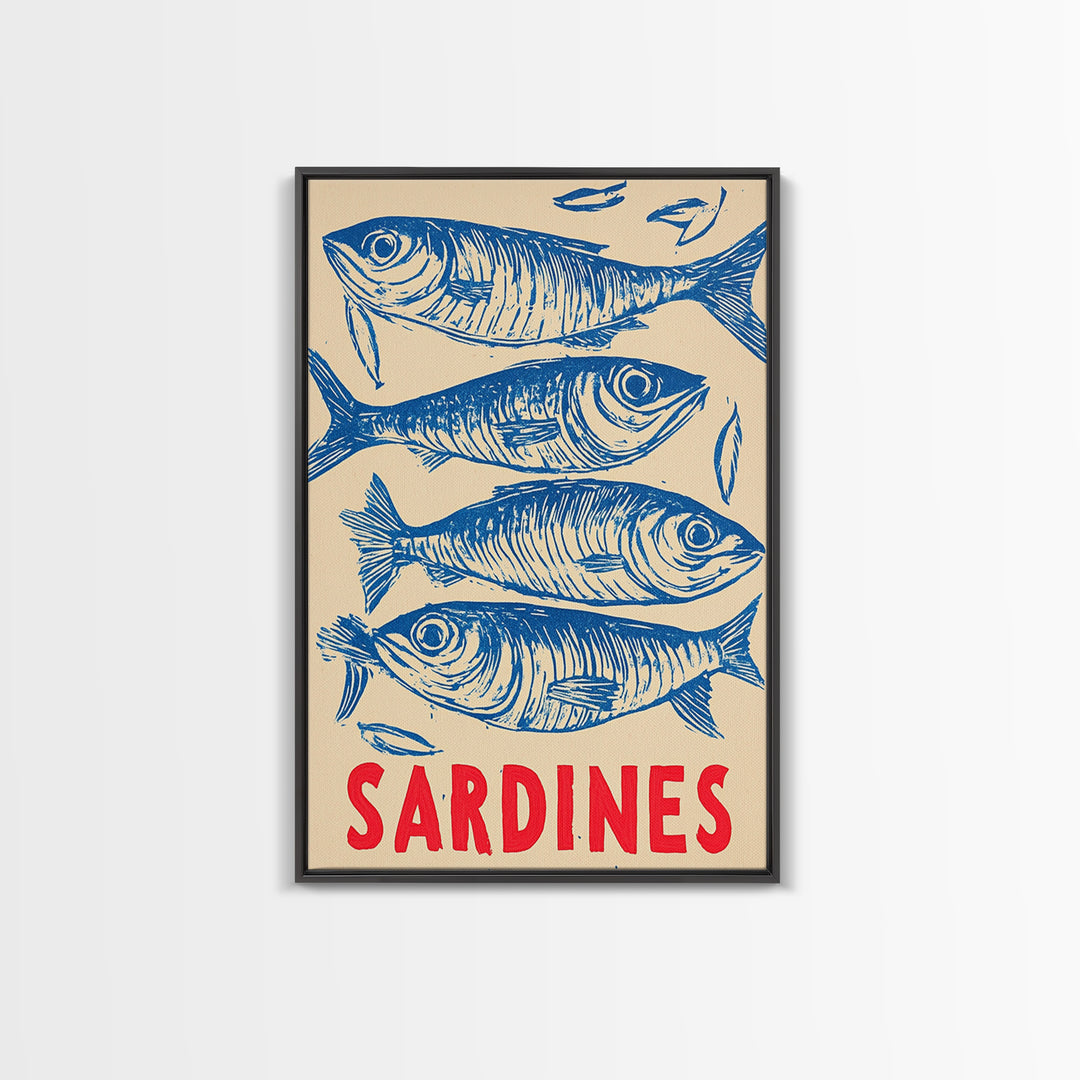 Blue Sardines Seafood Poster Canvas Print, Coastal Kitchen Wall Art, Nautical Wall Decor, Ocean Fish Art For Home Decor Gift