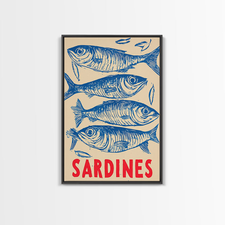 Blue Sardines Seafood Poster Canvas Print, Coastal Kitchen Wall Art, Nautical Wall Decor, Ocean Fish Art For Home Decor Gift