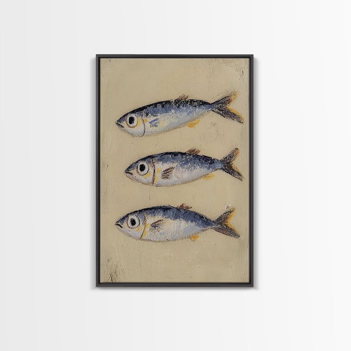 Three Silver Sardine Fish Painting Wall Art, Coastal Kitchen Decor, Nautical Sea Life Canvas, Beach House Gift Print For Home Decor