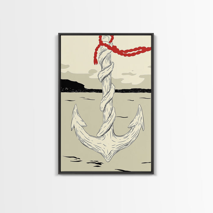 White Rope Anchor Illustration Wall Art, Nautical Coastal Decor, Beach House Canvas Print, Seaside Gift For Him, Ocean Wall Decor