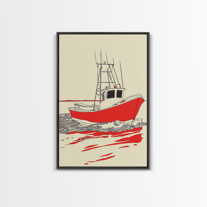 Red Fishing Boat Illustration Canvas Print, Nautical Wall Art, Coastal Beach House Decor, Maritime Gift For Him, Ocean Wall Decor