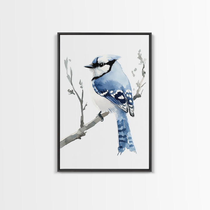Blue Jay Perched On Branch Wall Art, Watercolor Bird Print, Woodland Nursery Decor, Nature Canvas Print, Bird Lover Gift