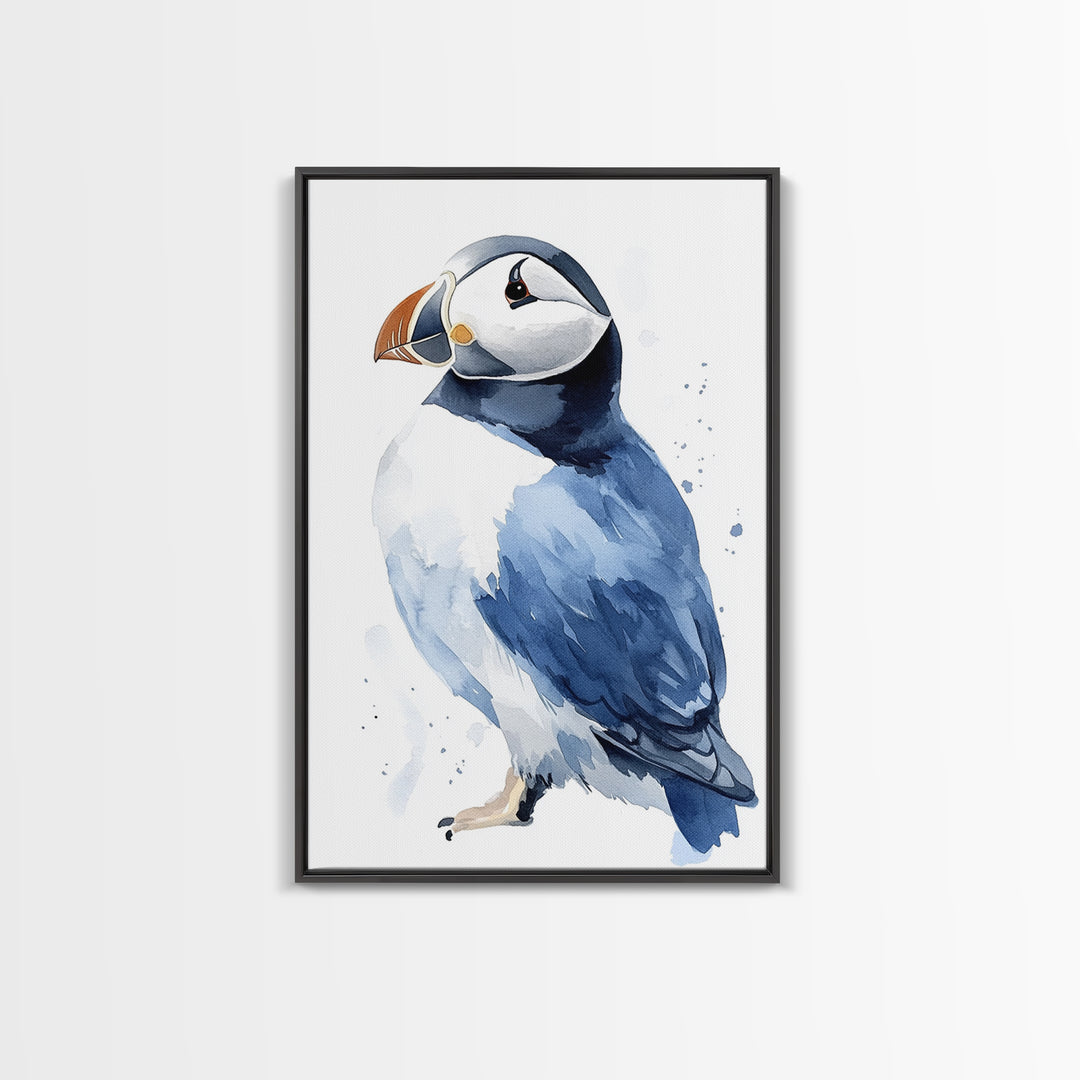 Atlantic Puffin Bird Watercolor Wall Art, Coastal Wildlife Decor, Nautical Canvas Print, Ocean Nursery Gift, Blue Seabird Art