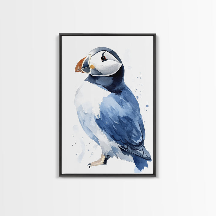 Atlantic Puffin Bird Watercolor Wall Art, Coastal Wildlife Decor, Nautical Canvas Print, Ocean Nursery Gift, Blue Seabird Art