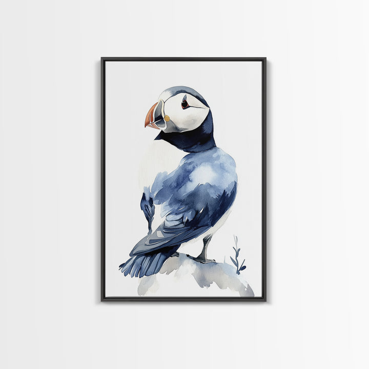 Puffin Bird Watercolor Canvas Print, Coastal Wildlife Wall Art, Nautical Nursery Decor, Ocean Animal Gift, Blue Seabird Art