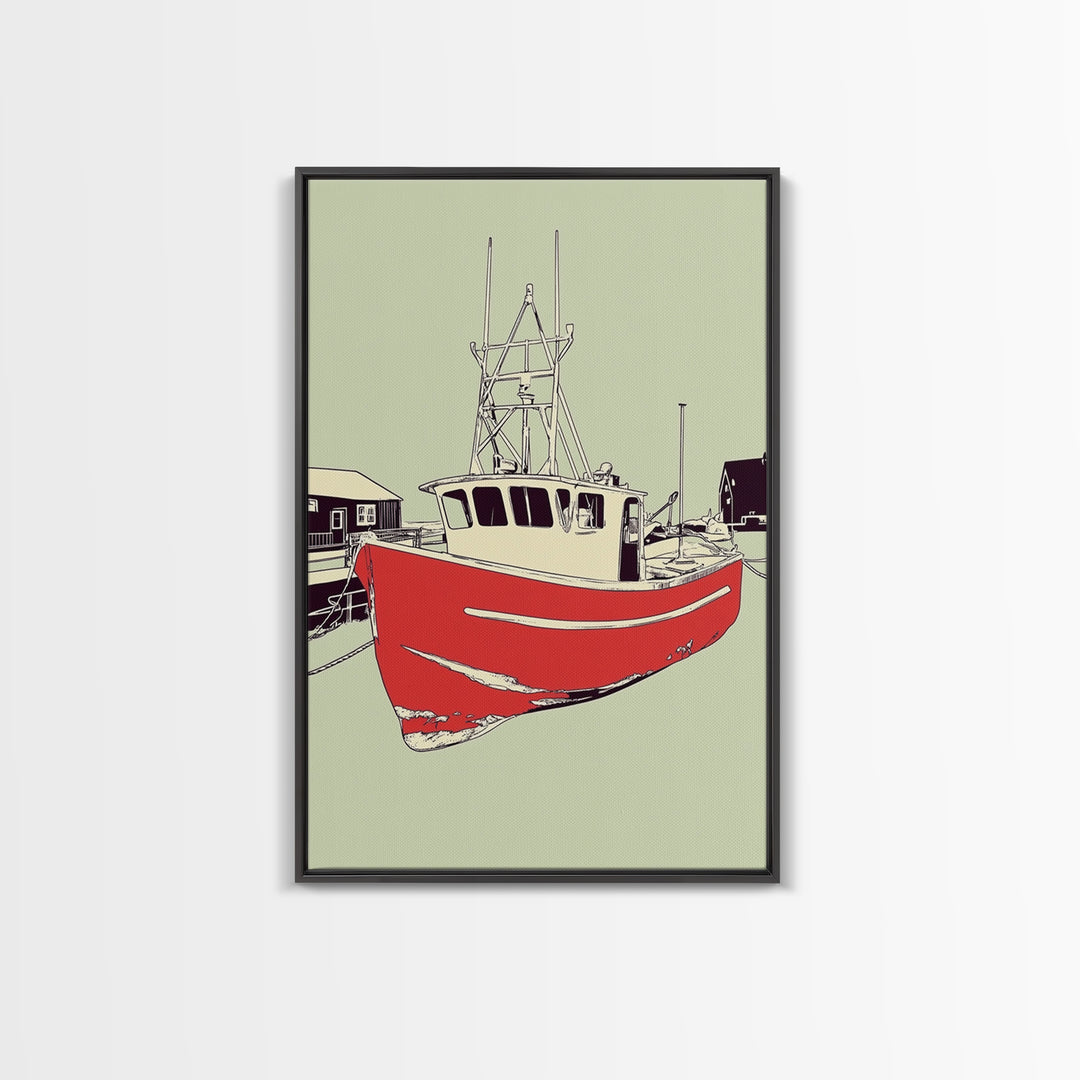 Red Fishing Boat In Harbor Wall Art, Nautical Coastal Canvas Print, Beach House Decor, Maritime Living Room Art Gift For Him