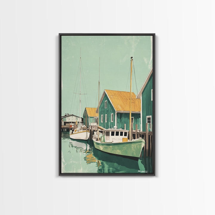 Green Fishing Boats By Dock Framed Canvas Print, Nautical Wall Art, Coastal Home Decor, Beach House Living Room Art Gift