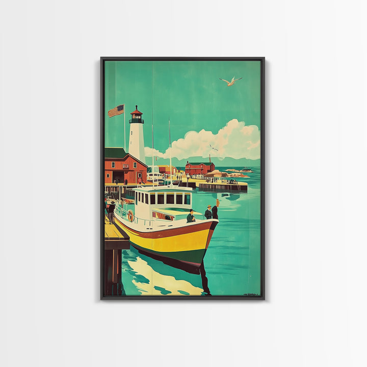 Harbor Boat With Lighthouse Framed Canvas Print, Coastal Wall Art, Nautical Travel Poster, Beach House Living Room Decor