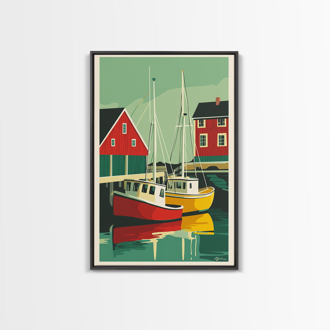 Red And Yellow Boats By Boathouse Wall Art, Nautical Coastal Canvas Print, Scandinavian Harbor Home Decor, Lake House Gift