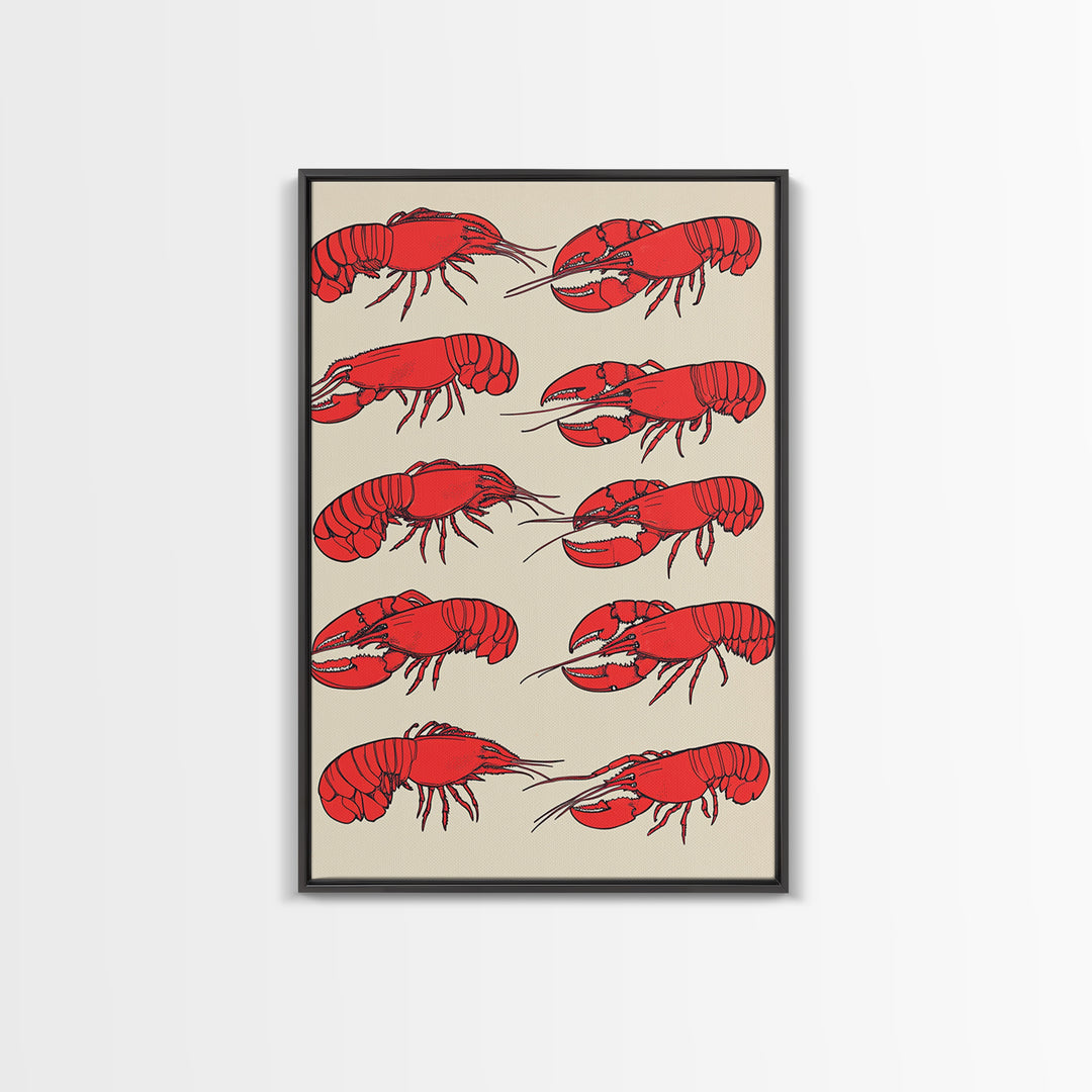 Red Lobster Pattern On Beige Wall Art, Coastal Kitchen Decor, Seafood Print, Nautical Home Decor, Beach House Dining Room Gift