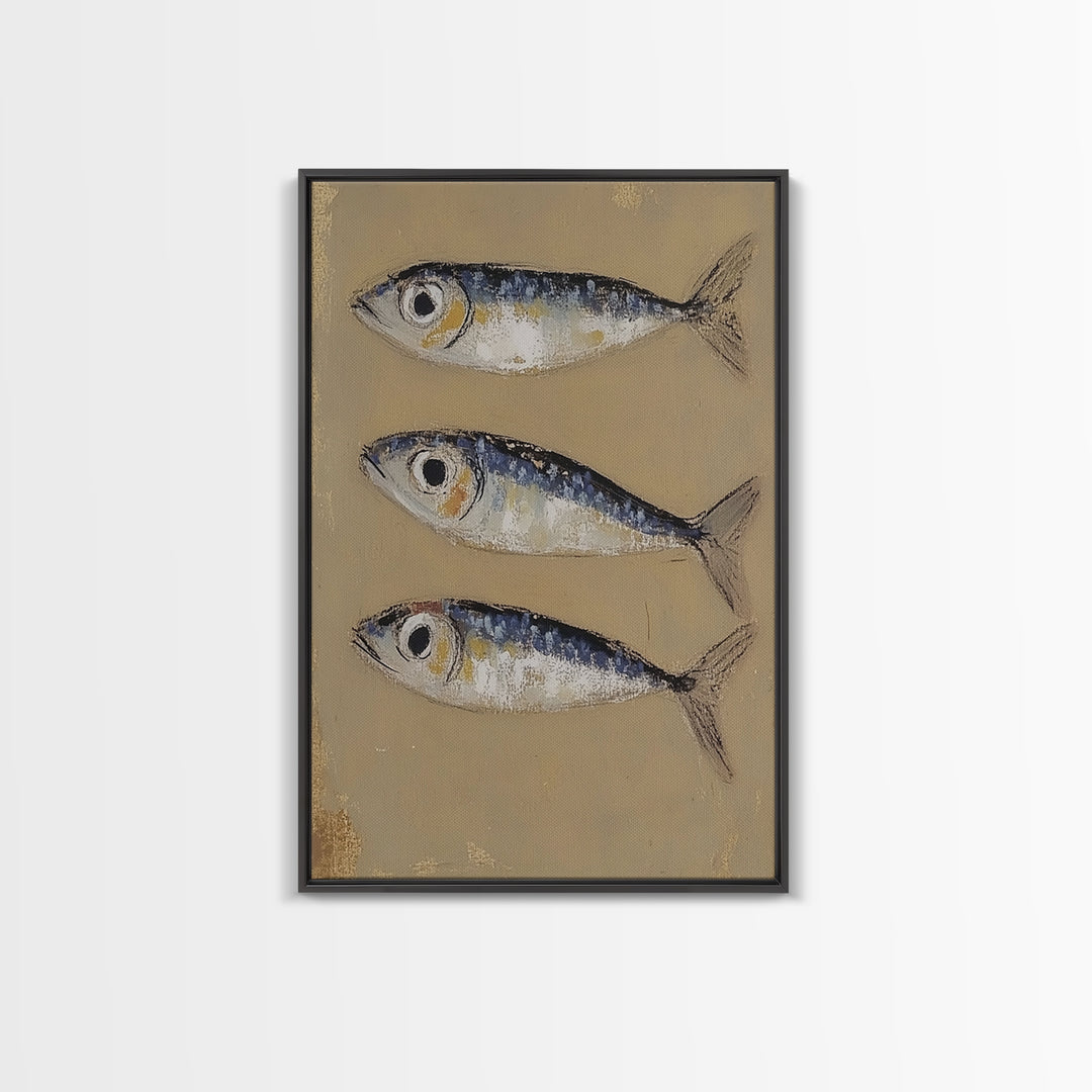 Three Blue Sardines On Beige Canvas Print, Coastal Kitchen Wall Art, Nautical Seafood Decor, Beach House Gift For Dining Room Home Decor