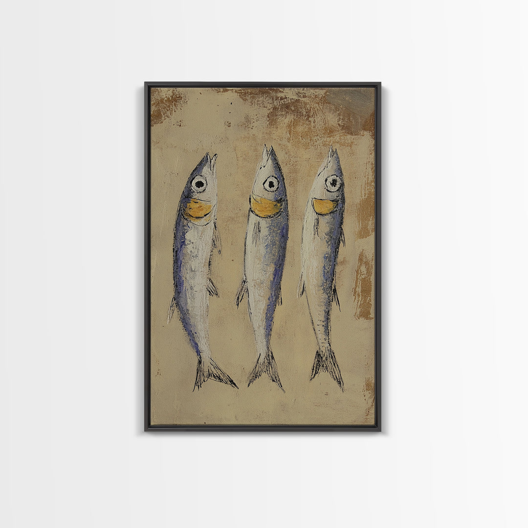 Rustic Three Sardines On Textured Beige Wall Art, Coastal Kitchen Decor, Nautical Fish Canvas Print For Beach House Dining Room