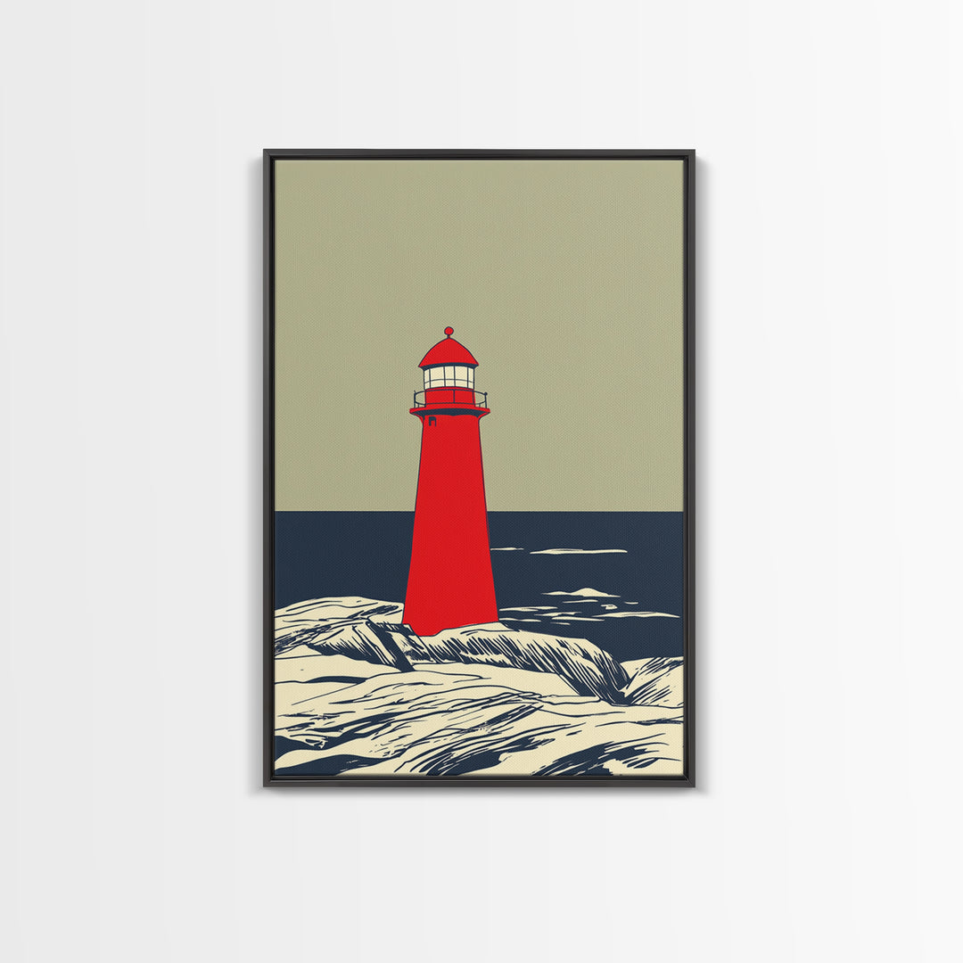 Red Lighthouse By Dark Sea Canvas Print, Nautical Wall Art, Coastal Beach House Decor, Ocean Poster For Living Room Home Decor