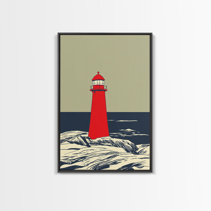 Red Lighthouse By Dark Sea Canvas Print, Nautical Wall Art, Coastal Beach House Decor, Ocean Poster For Living Room Home Decor