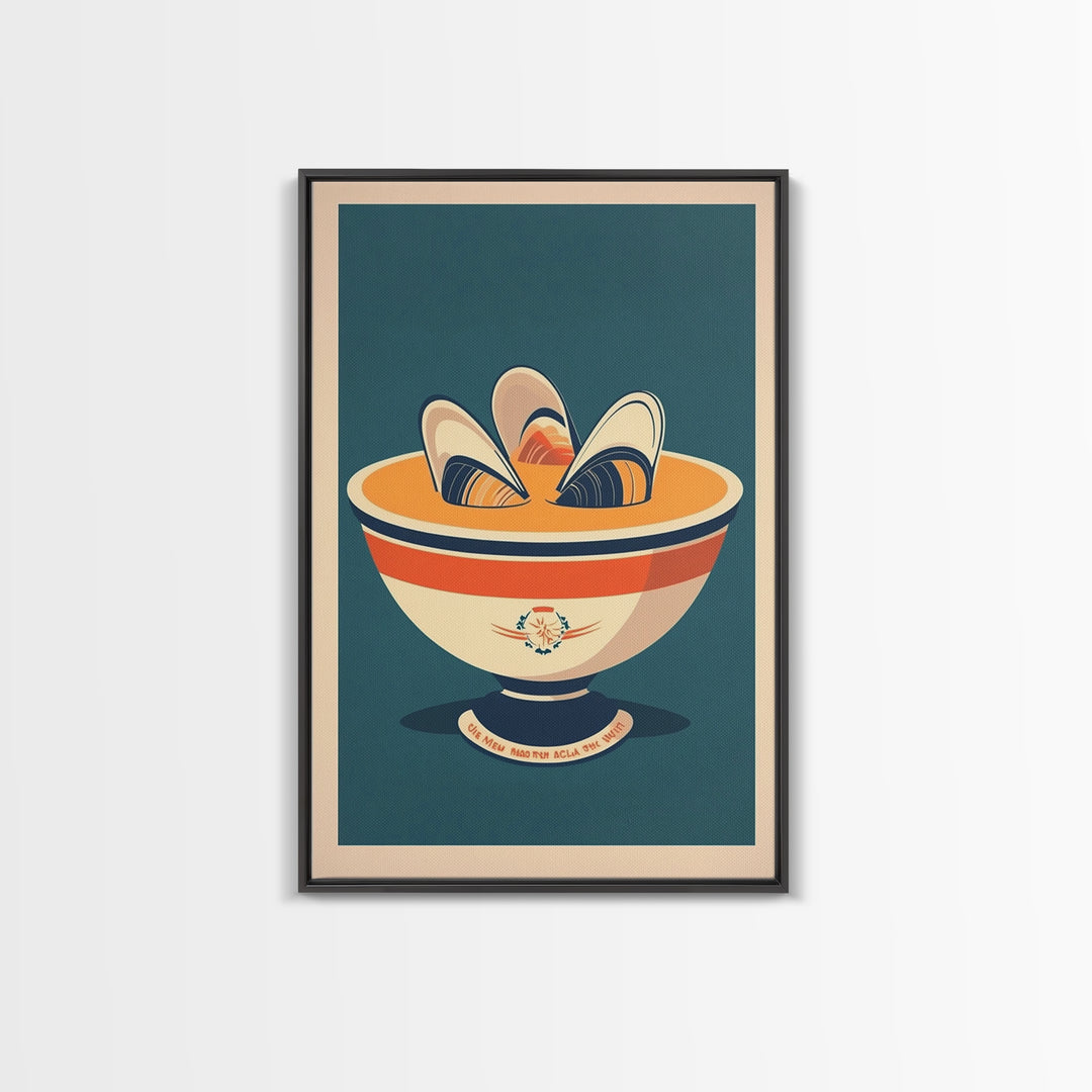 Retro Mussel Bowl Seafood Canvas Print, Coastal Kitchen Wall Art, Nautical Dining Room Decor, Shellfish Art Print Gift For Foodie