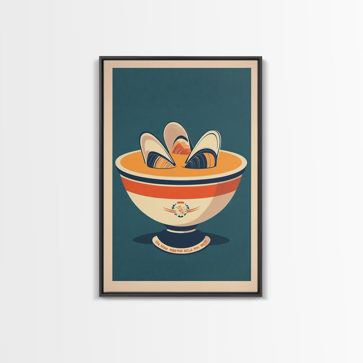 Retro Mussel Bowl Seafood Canvas Print, Coastal Kitchen Wall Art, Nautical Dining Room Decor, Shellfish Art Print Gift For Foodie