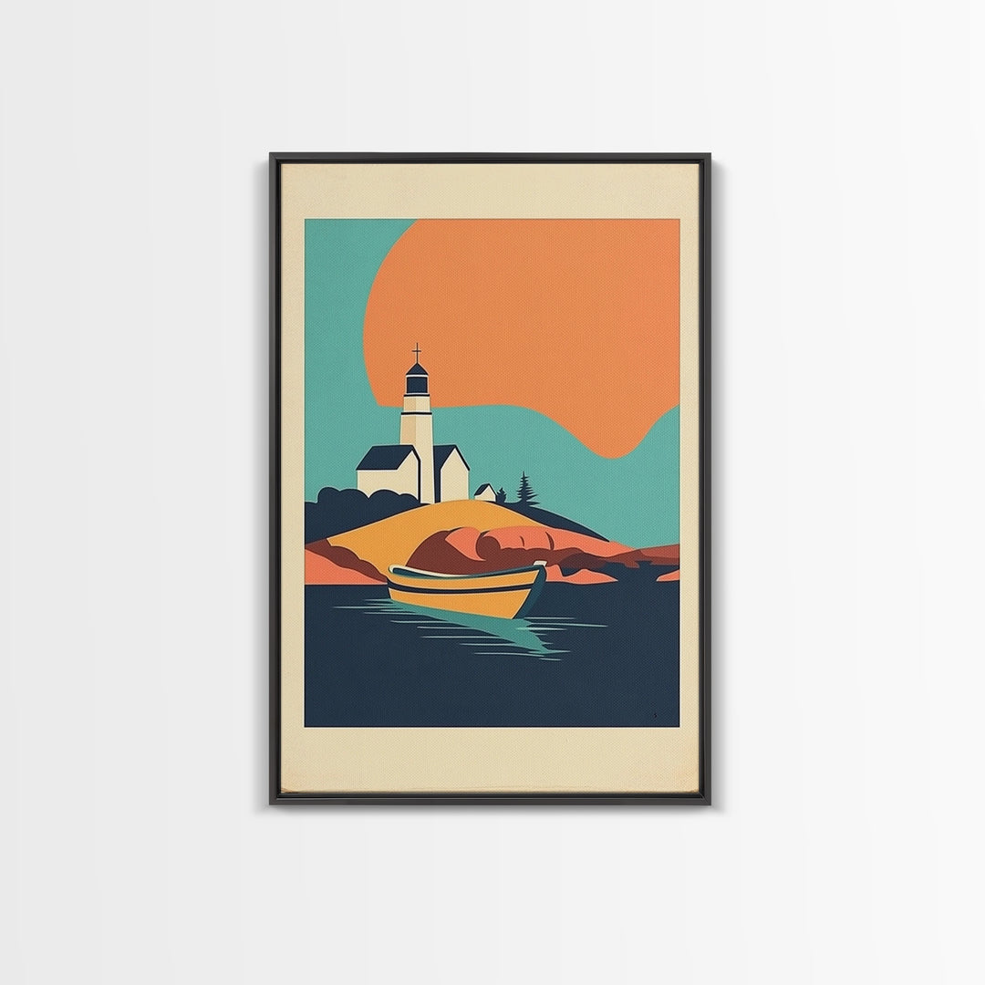 Lighthouse Cove With Rowboat Framed Canvas Print, Coastal Wall Art, Nautical Lake House Decor, Sunset Travel Poster Gift