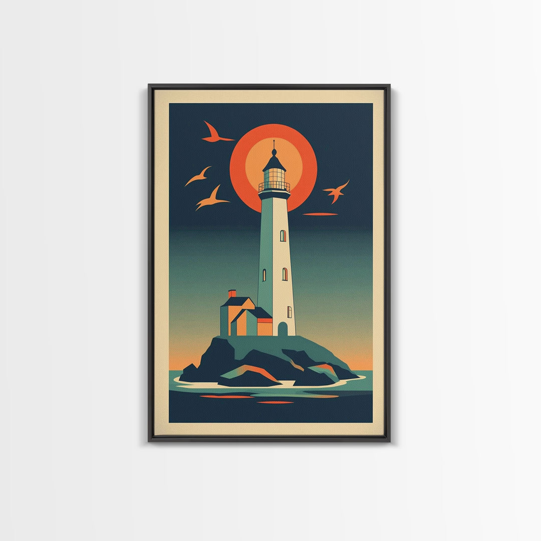 Retro Lighthouse At Sunset With Orange Sun And Seabirds Wall Art, Coastal Wall Decor, Nautical Art Print, Beach House Decor