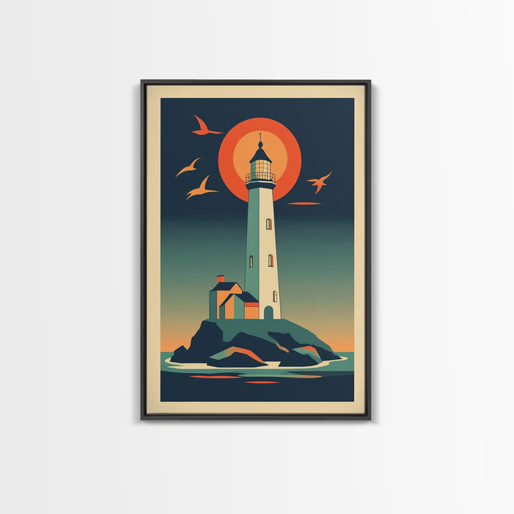 Retro Lighthouse At Sunset With Orange Sun And Seabirds Wall Art, Coastal Wall Decor, Nautical Art Print, Beach House Decor