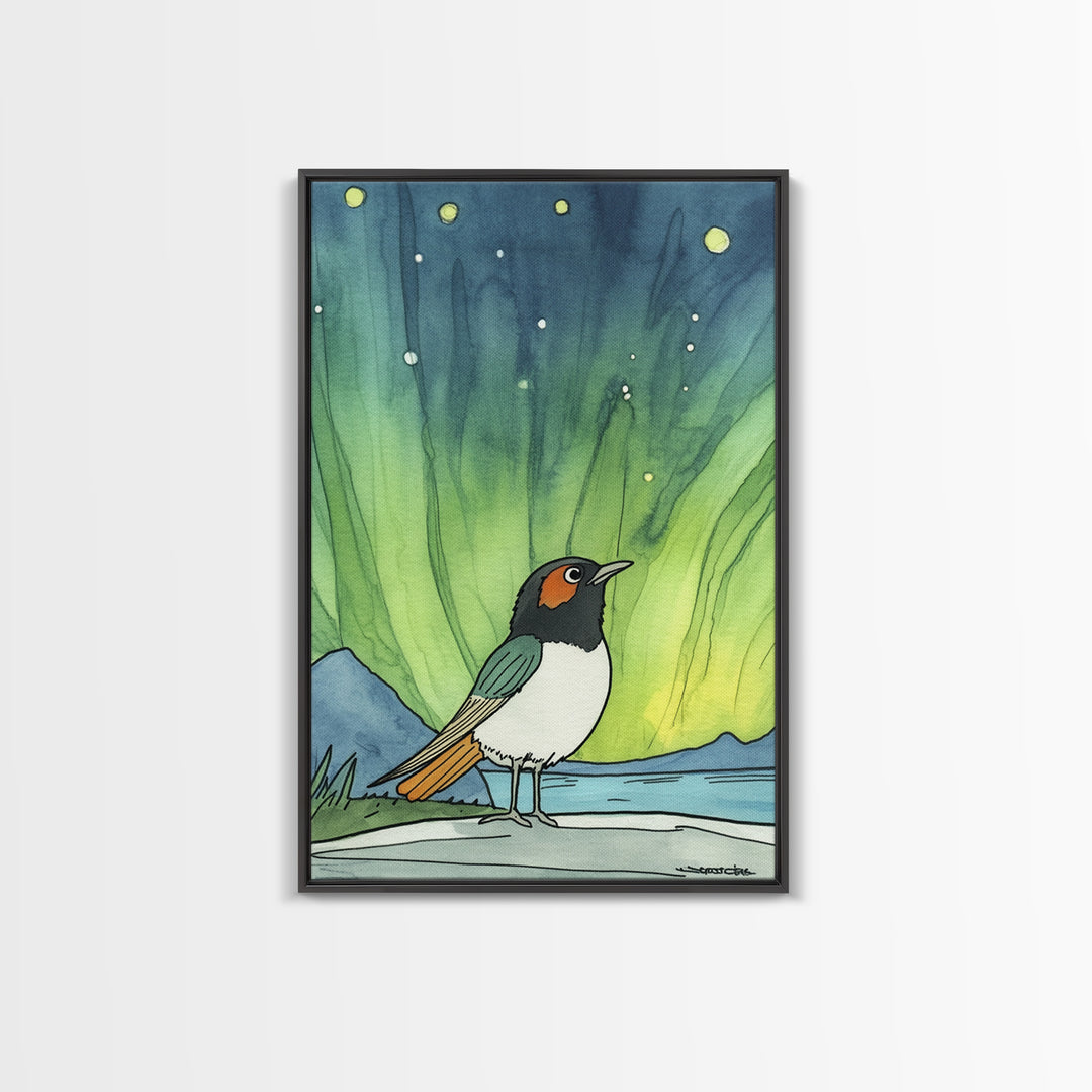 Robin Bird Beneath Green Northern Lights Canvas Print, Aurora Wall Art, Celestial Decor, Nature Wall Decor, Whimsical Art