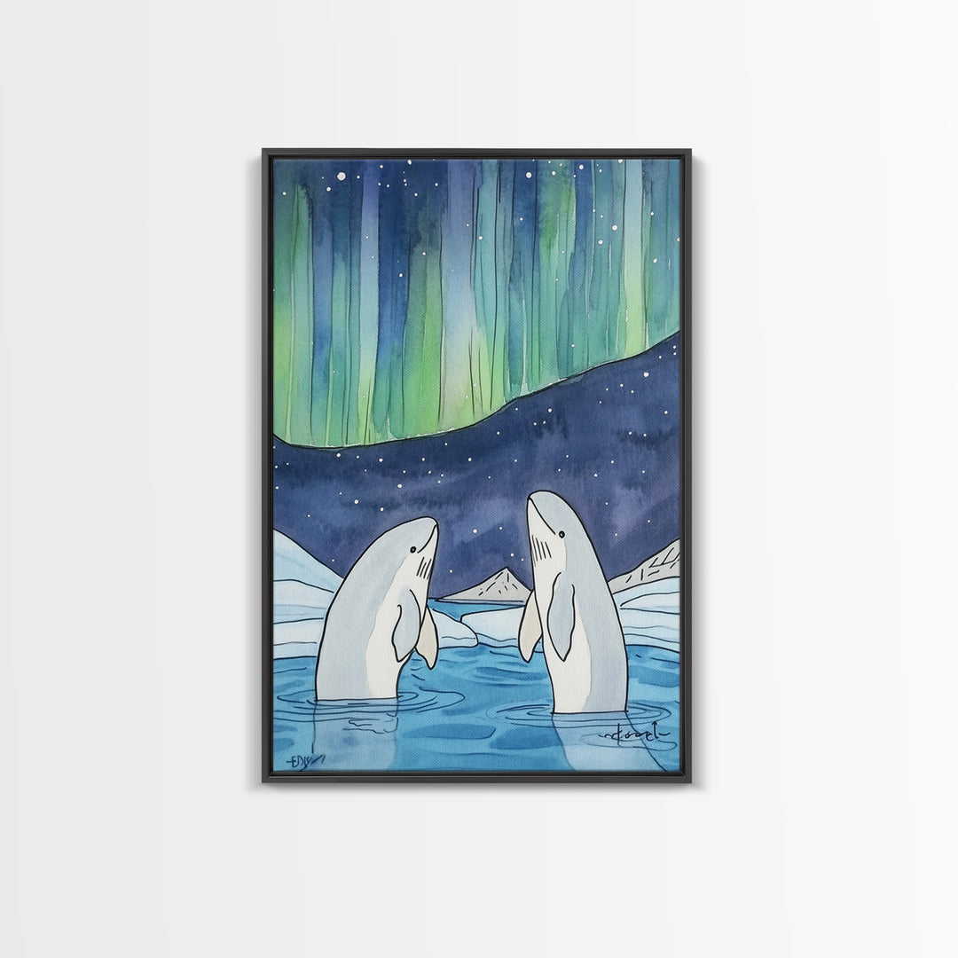 Northern Lights Beluga Whales Canvas Print, Aurora Borealis Ocean Wall Art, Arctic Nursery Decor, Coastal Wall Decor, Gift For Her