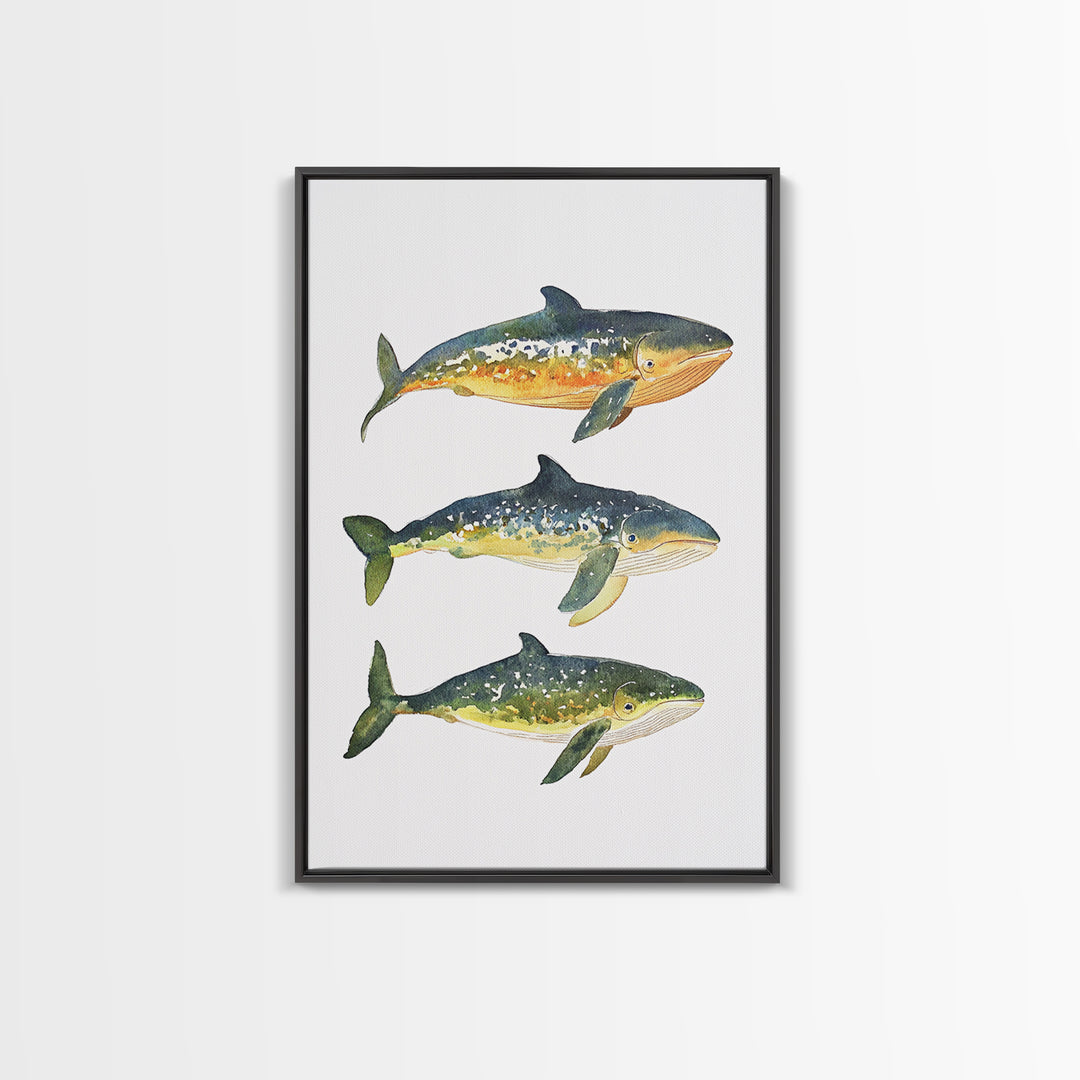 Three Colorful Whales Canvas Print, Marine Life Wall Art, Ocean Animal Art Print, Coastal Nursery Decor, Whale Lover Gift