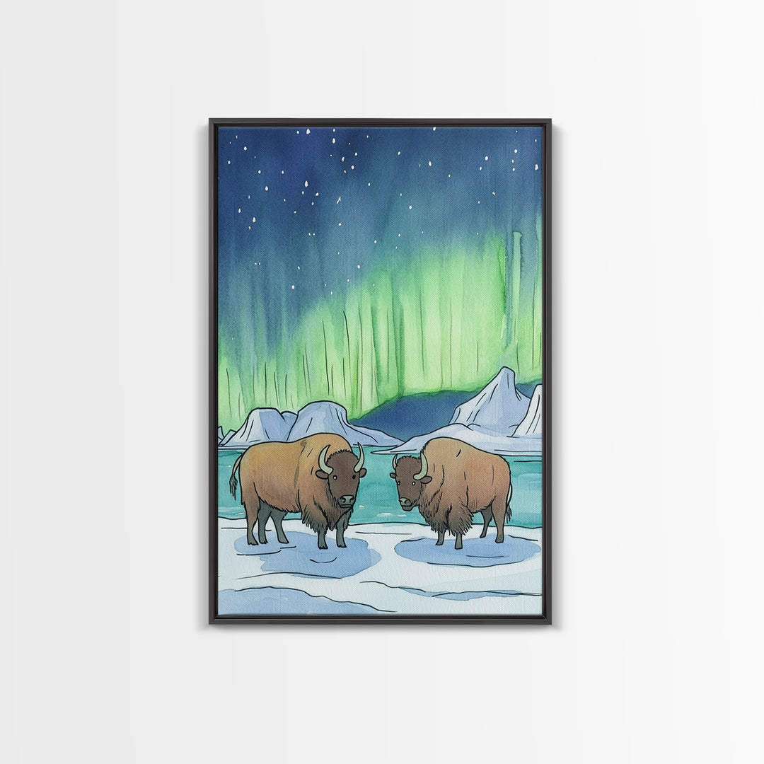 Aurora Bison In Snow Framed Canvas Print, Northern Lights Wall Art, Rustic Wildlife Art, Winter Nature Decor, Cabin Decor