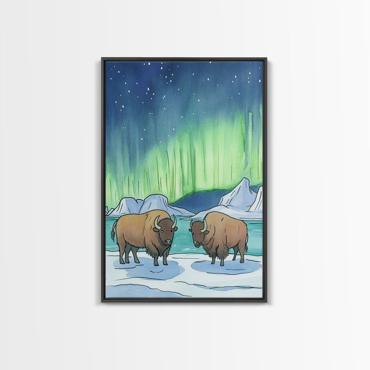 Aurora Bison In Snow Framed Canvas Print, Northern Lights Wall Art, Rustic Wildlife Art, Winter Nature Decor, Cabin Decor