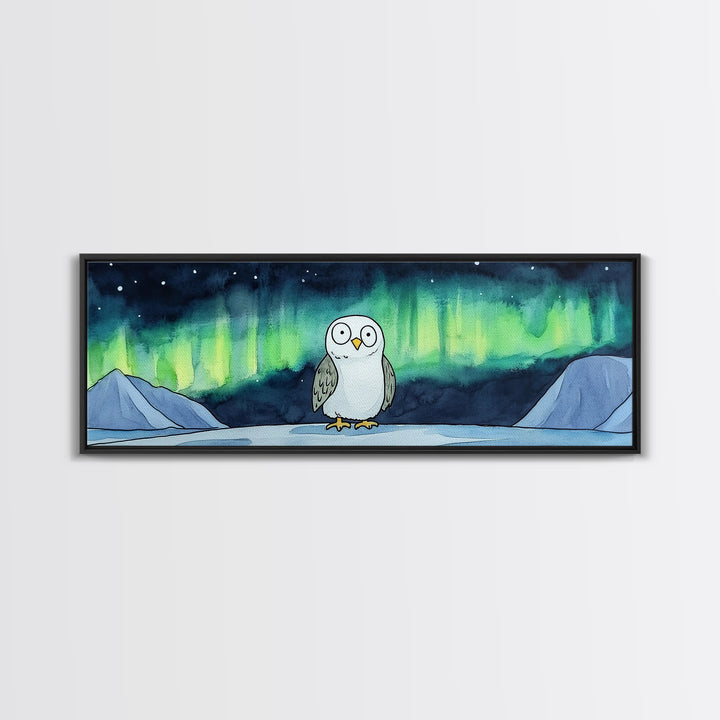 Northern Lights Owl Wall Art, Aurora Borealis Canvas Print, Whimsical Arctic Animal Decor, Kids Room Nursery Art Gift For Kids